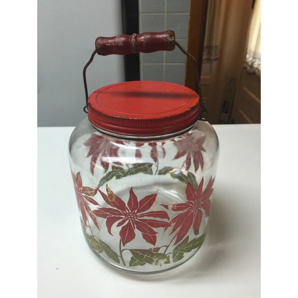 Vintage Christmas Jar w/ Metal Lid, Wooden Handle & 3 Glasses - Poinsettias